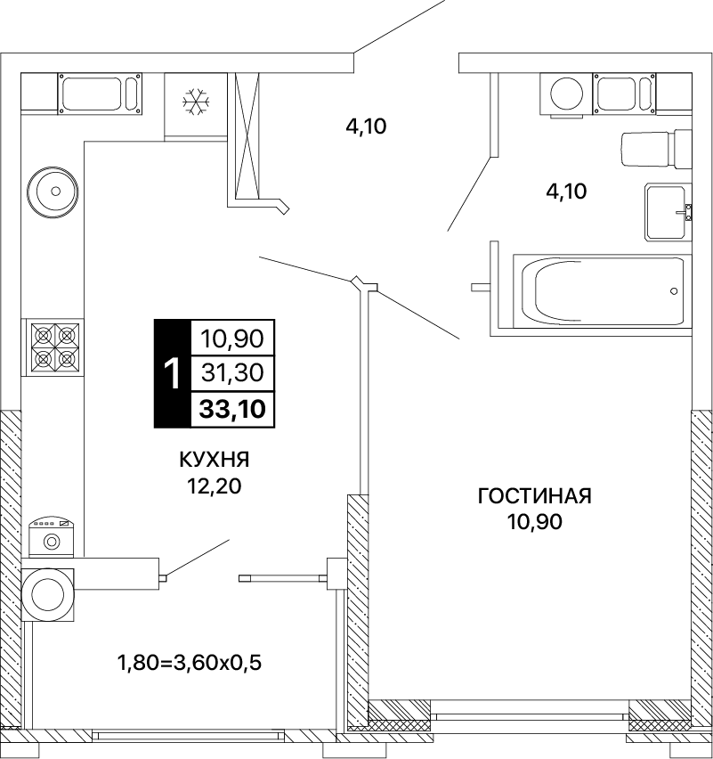 1-комнатная 33 м2 в ЖК Сияние корпус null этаж 11