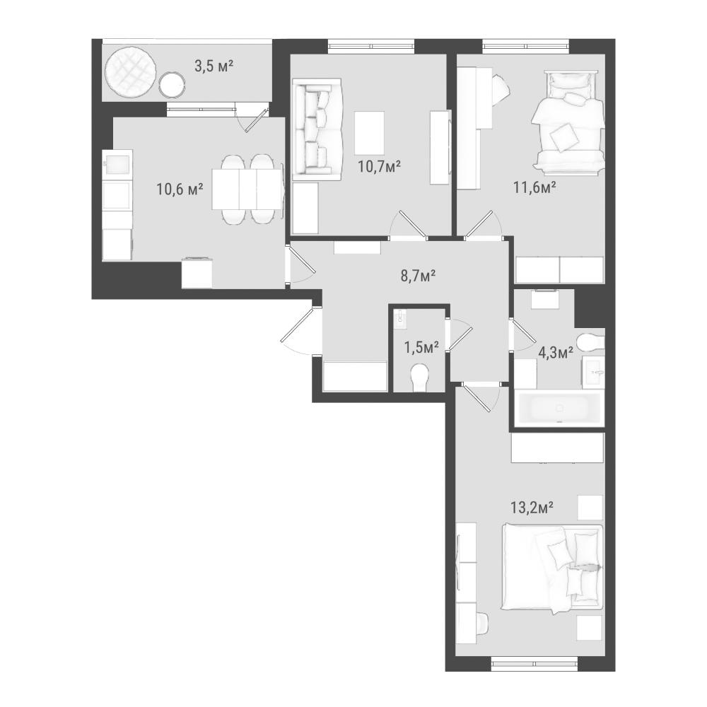 3-комнатная 62 м2 в ЖК Друзья корпус null этаж 18