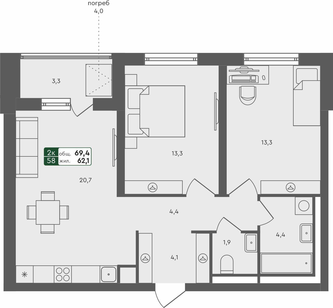 2-комнатная 69 м2 в ЖК Ритмы корпус null этаж 1