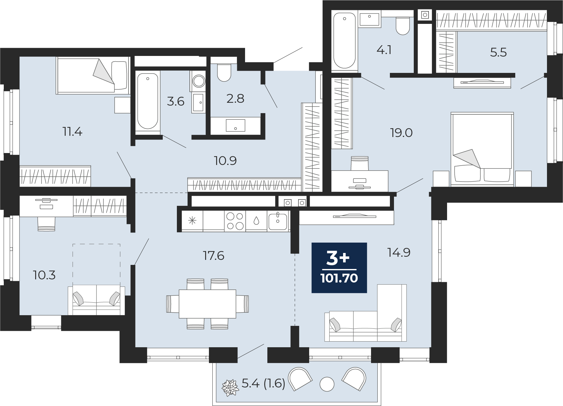 3-комнатная 100 м2 в ЖК Мириады корпус null этаж 14