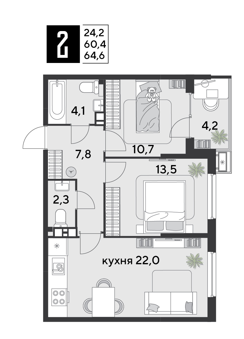 2-комнатная 64 м2 в ЖК Парк Победы 2 корпус null этаж 4