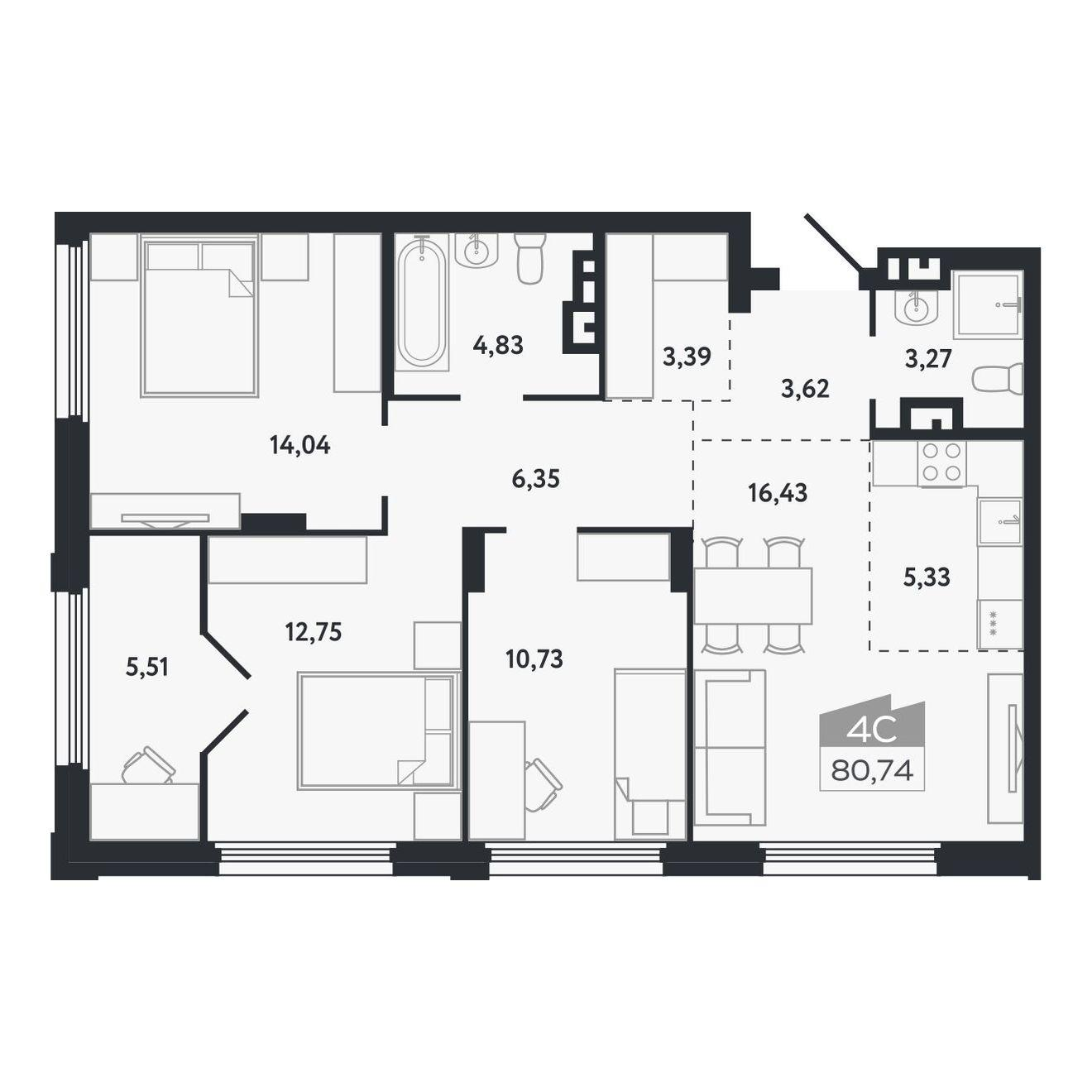 4-комнатная 80 м2 в ЖК Квартал 1604 корпус null этаж 8