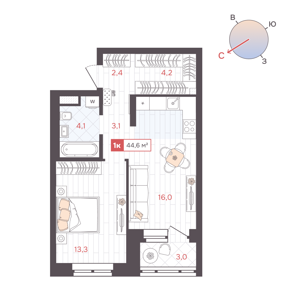 1-комнатная 44 м2 в ЖК ДА корпус null этаж 12