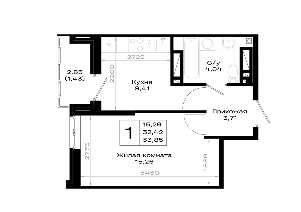 1-комнатная 33 м2 в ЖК Октябрь парк корпус null этаж 15