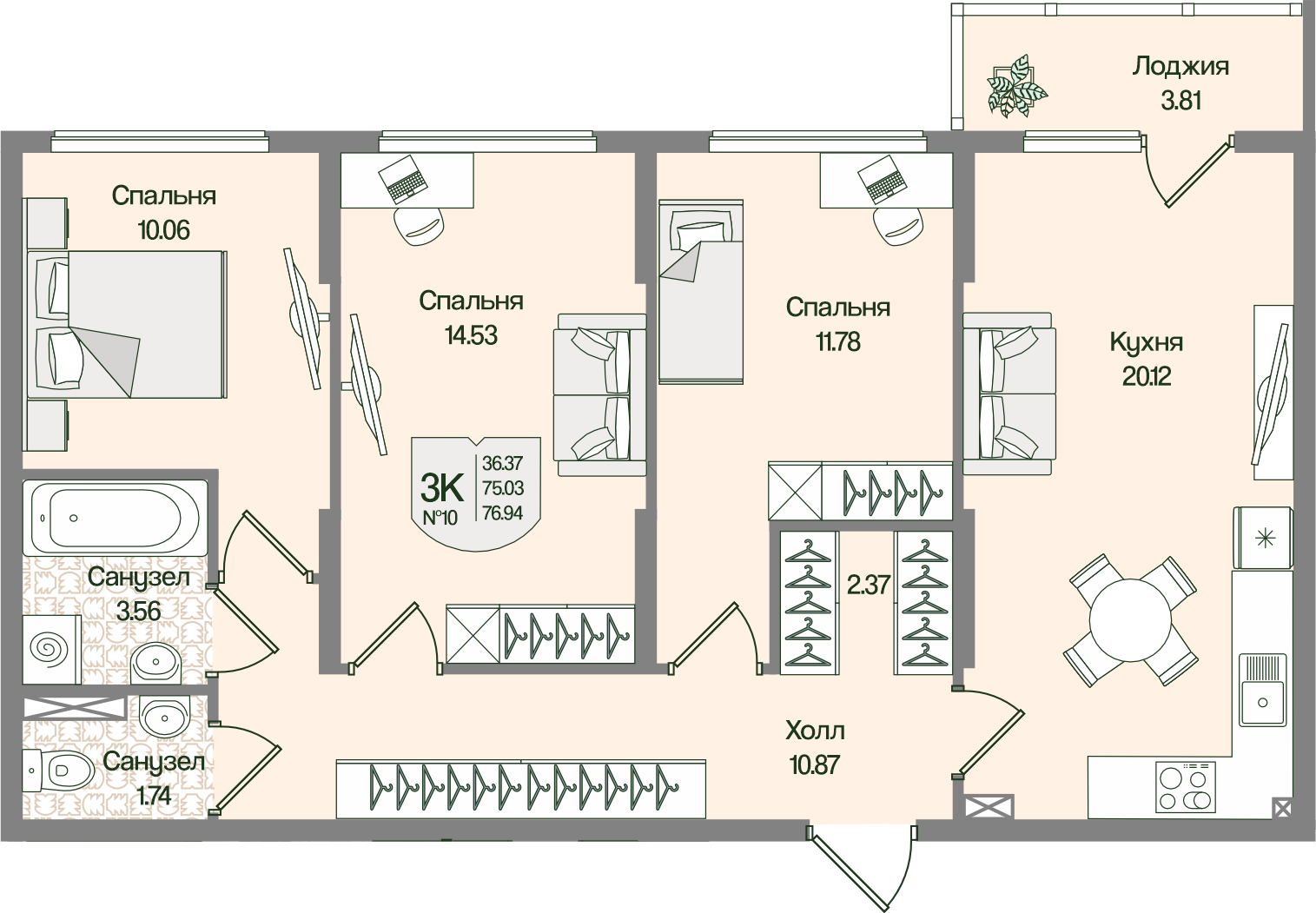 3-комнатная 76 м2 в ЖК Охтинские высоты корпус null этаж 3