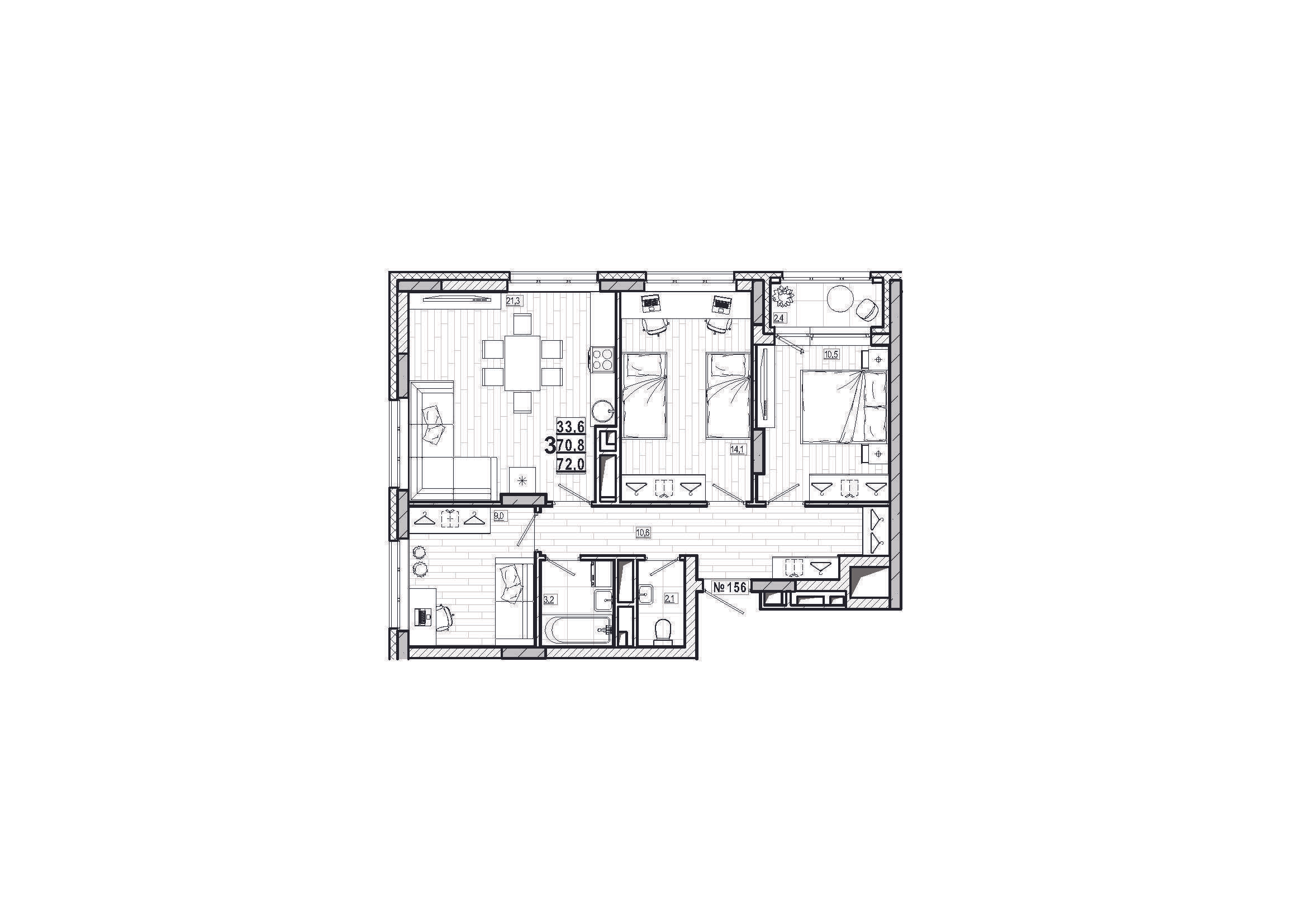 3-комнатная 72 м2 в ЖК Дом на Маяковского корпус null этаж 2