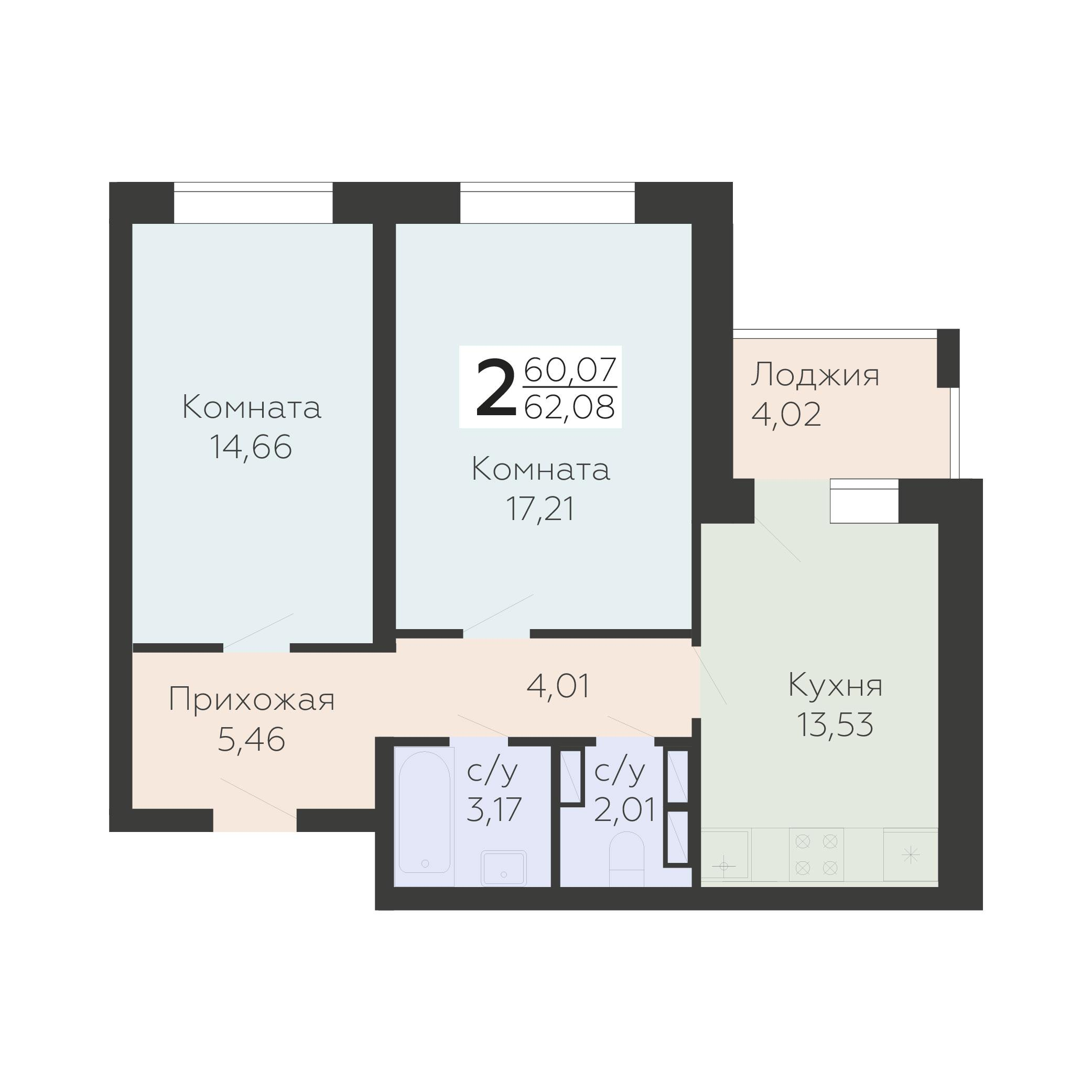 2-комнатная 62 м2 в ЖК Nova парк корпус null этаж 5