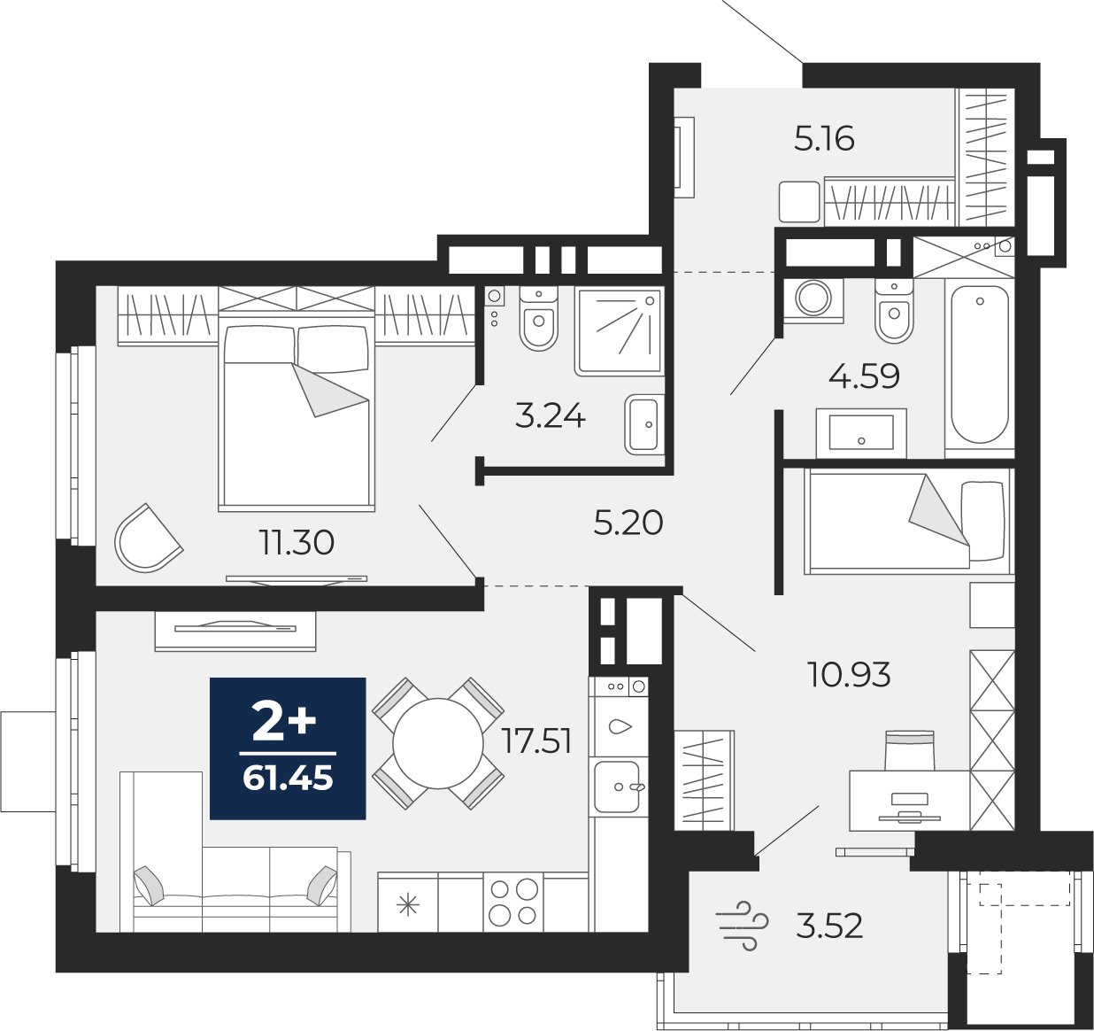 2-комнатная 57 м2 в ЖК Мириады корпус null этаж 10