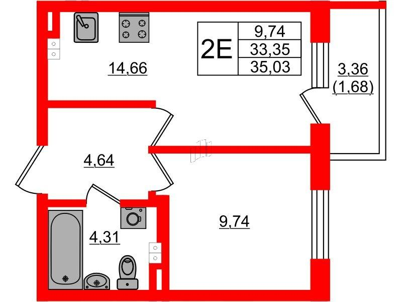 1-комнатная 35 м2 в ЖК Золотые купола. Новая История корпус null этаж 3