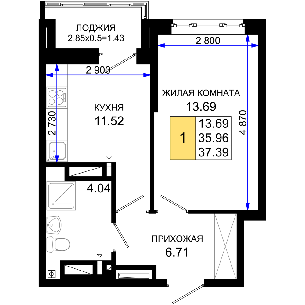 1-комнатная 37 м2 в ЖК Октябрь парк корпус null этаж 6