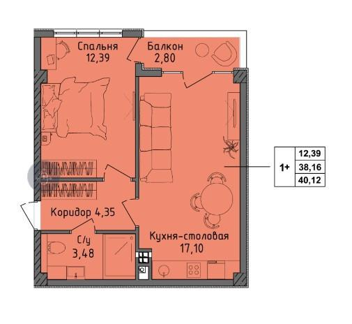 1-комнатная 40.1 м2 в ЖК undefined корпус null этаж 2