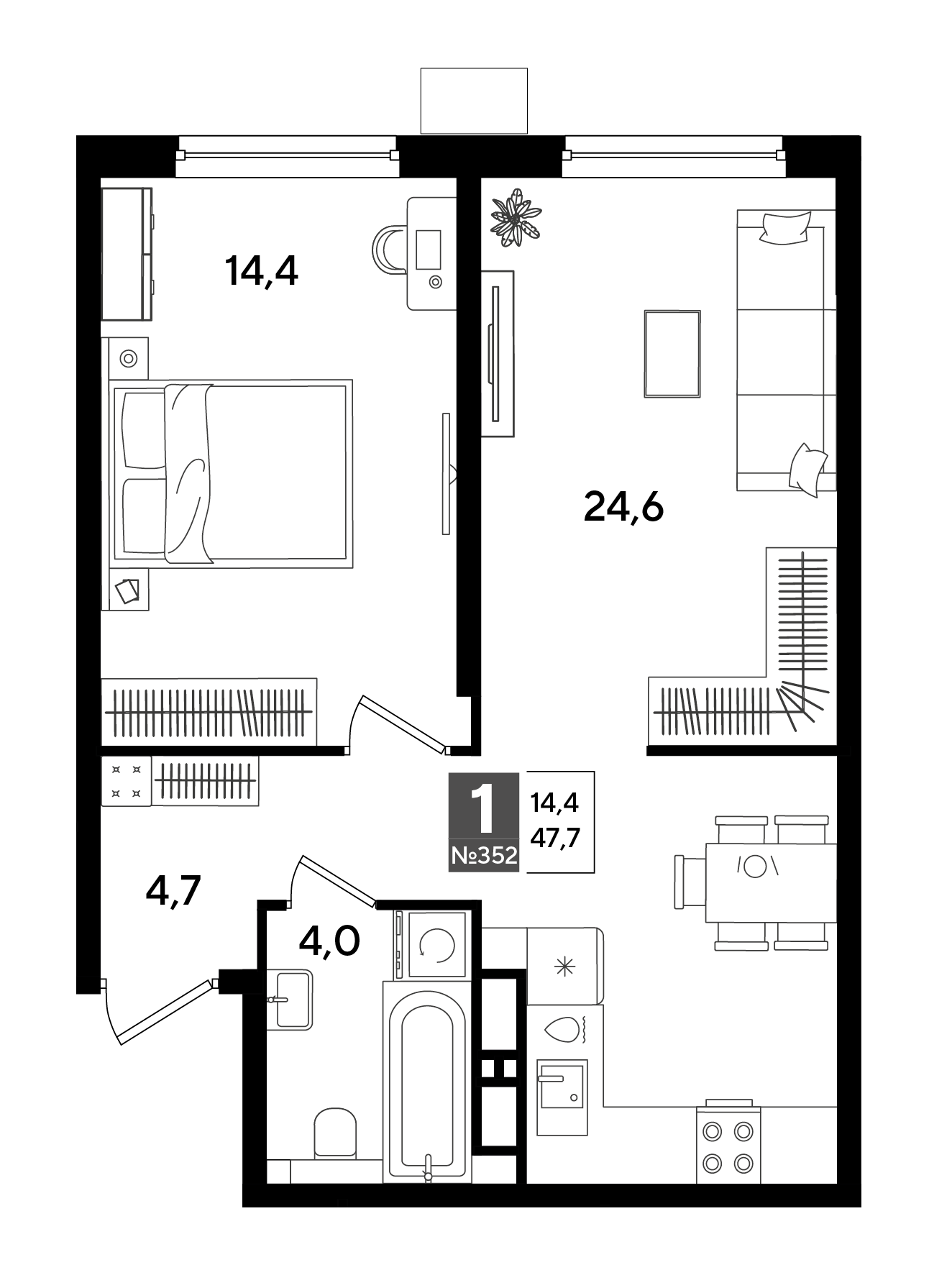 1-комнатная 47 м2 в ЖК Dogma Park корпус null этаж 12