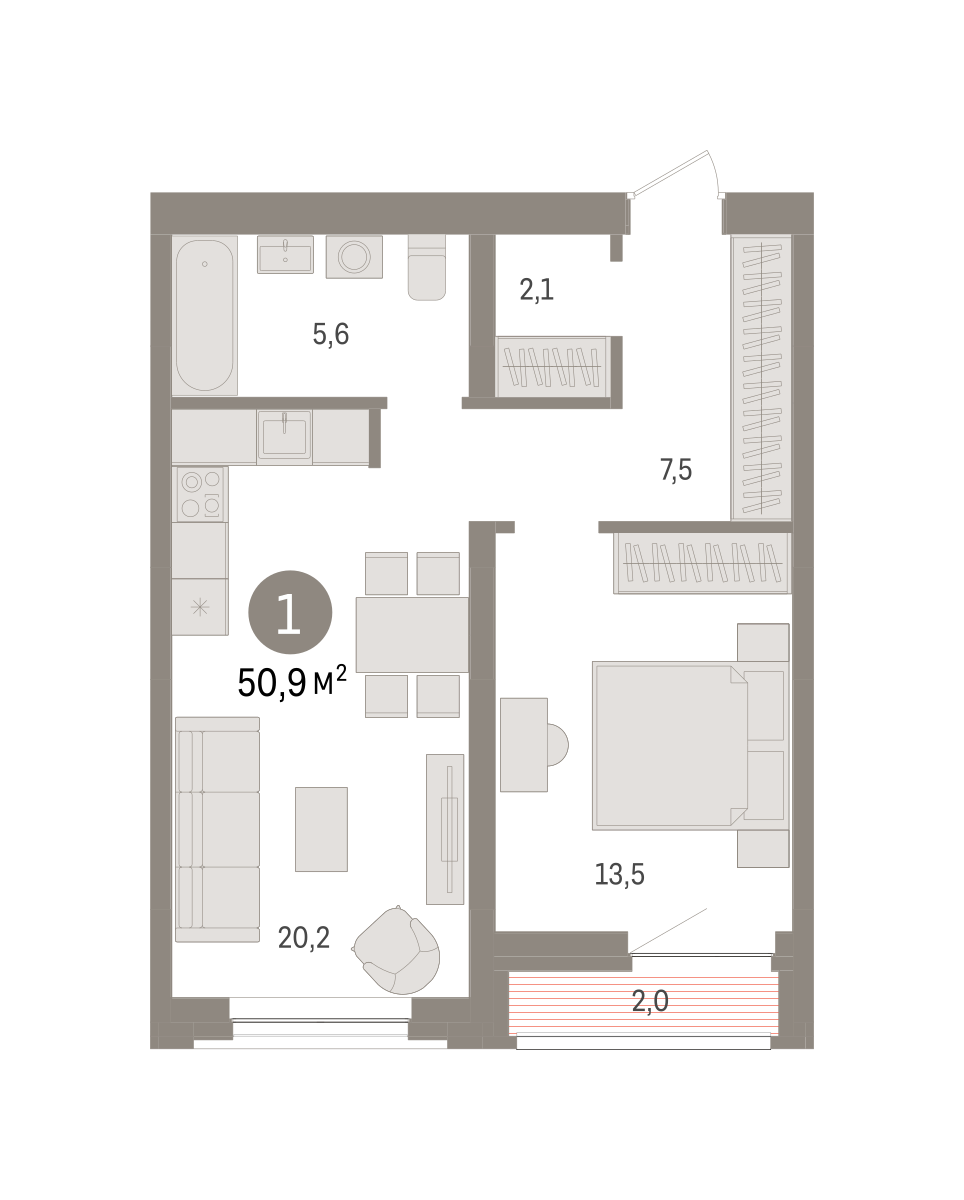 1-комнатная 50 м2 в ЖК Речной порт корпус null этаж 4