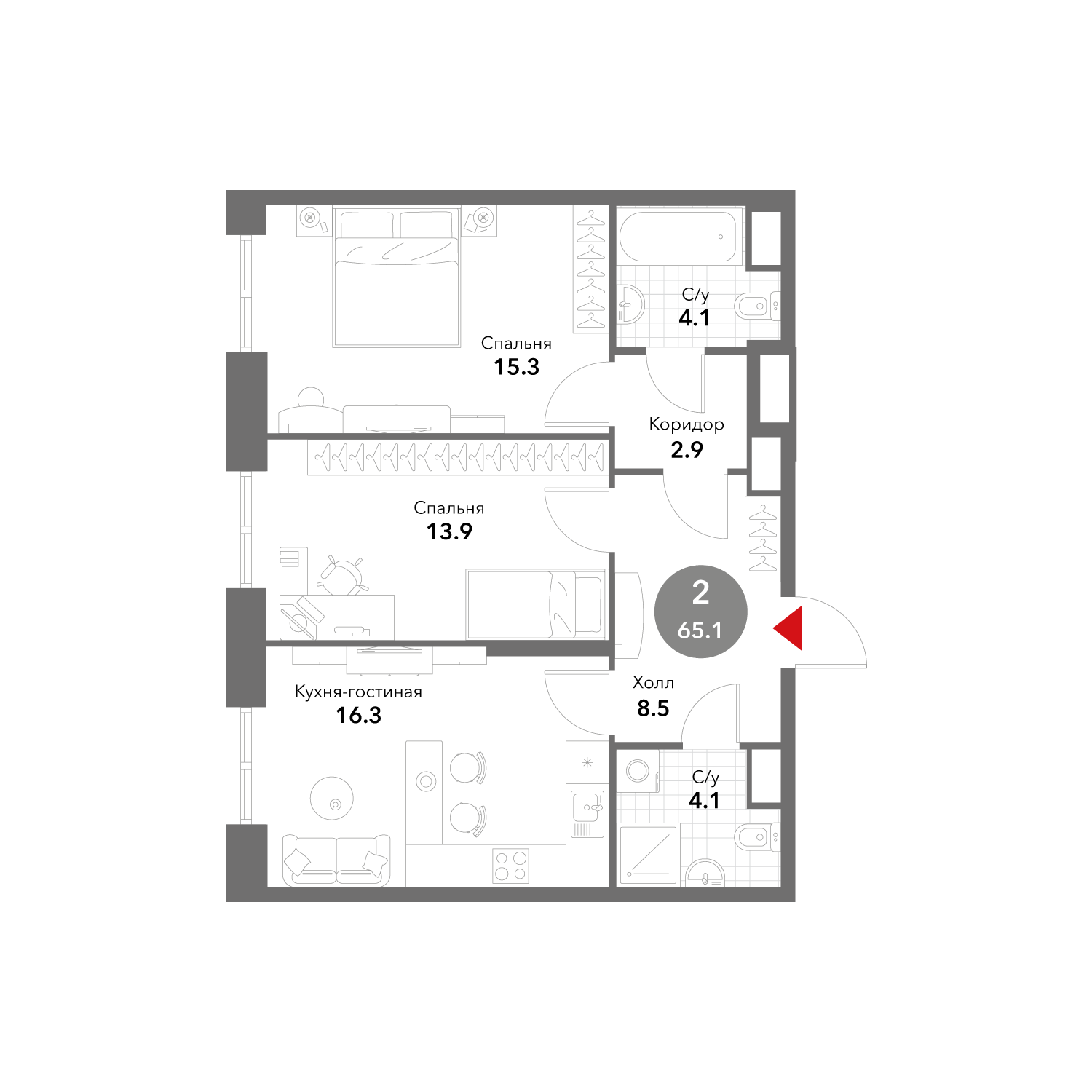 2-комнатная 65 м2 в ЖК Voxhall корпус null этаж 13