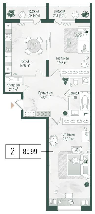2-комнатная 91 м2 в ЖК Рига Хиллс корпус null этаж 1