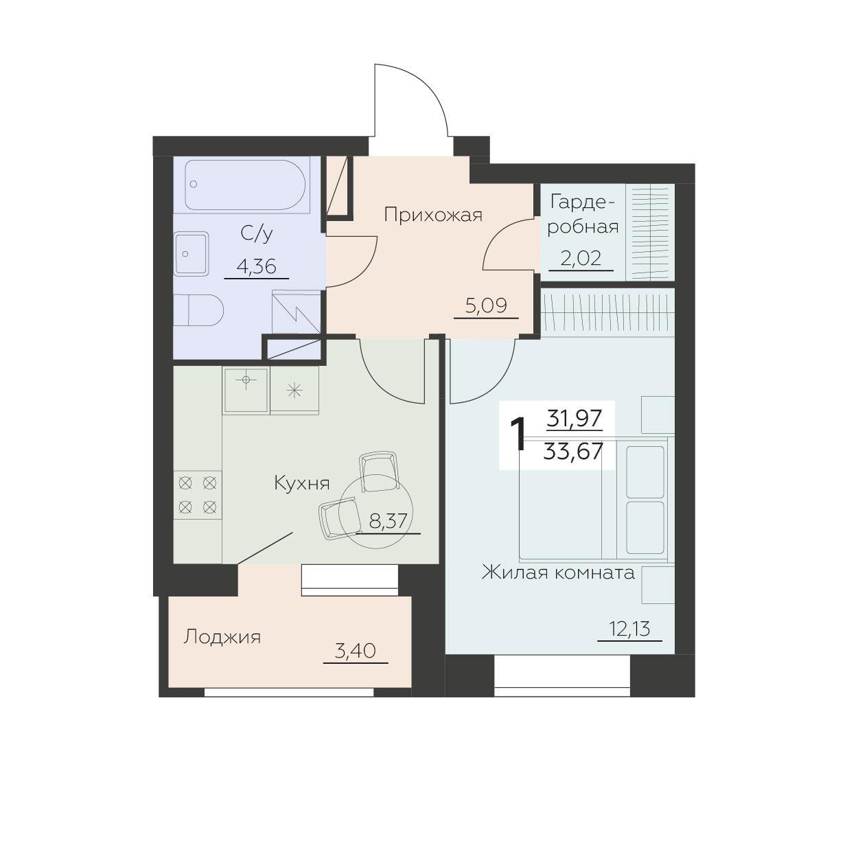 1-комнатная 33 м2 в ЖК Заря корпус null этаж 2