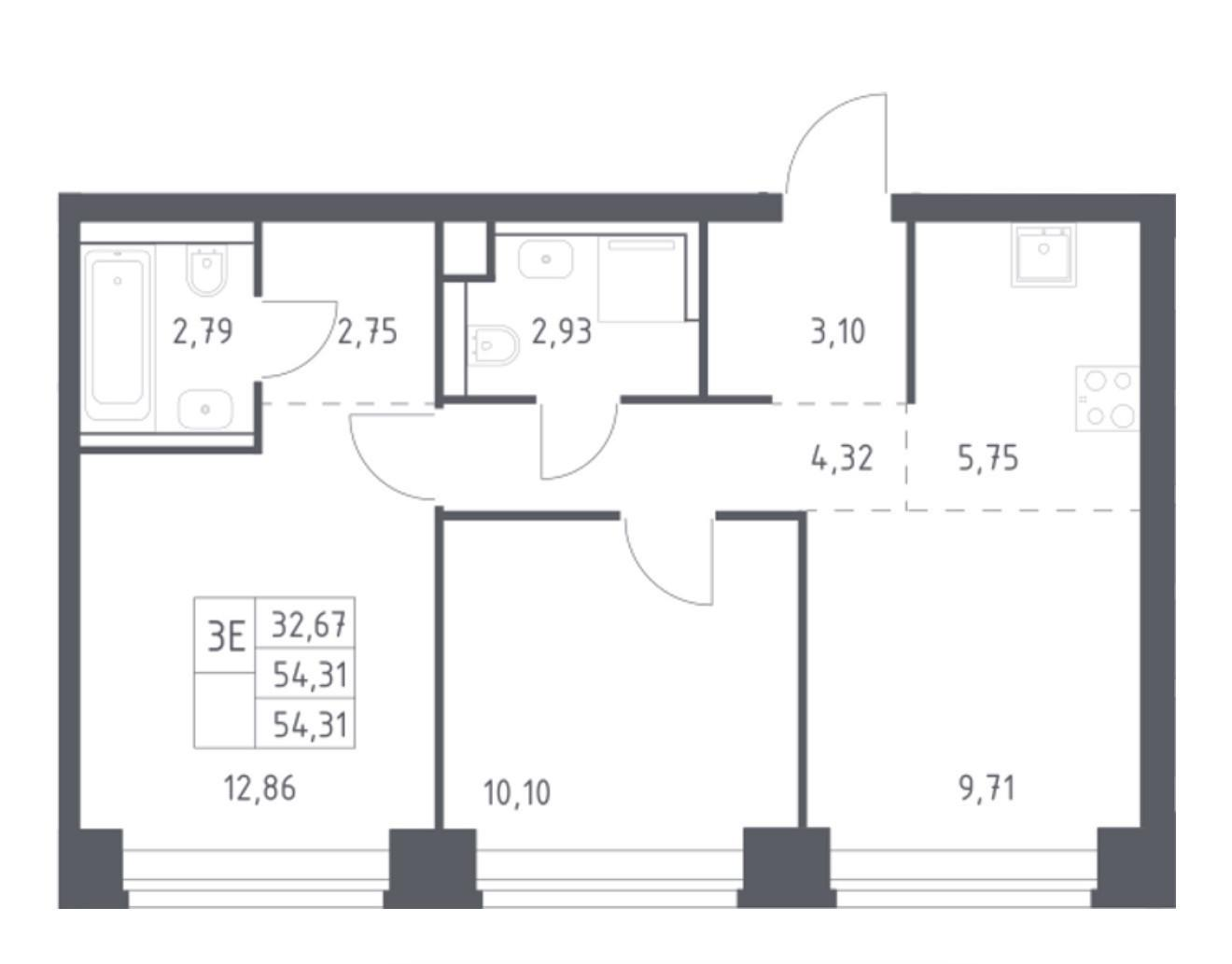 3-комнатная 54.3 м2 в ЖК undefined корпус null этаж 13