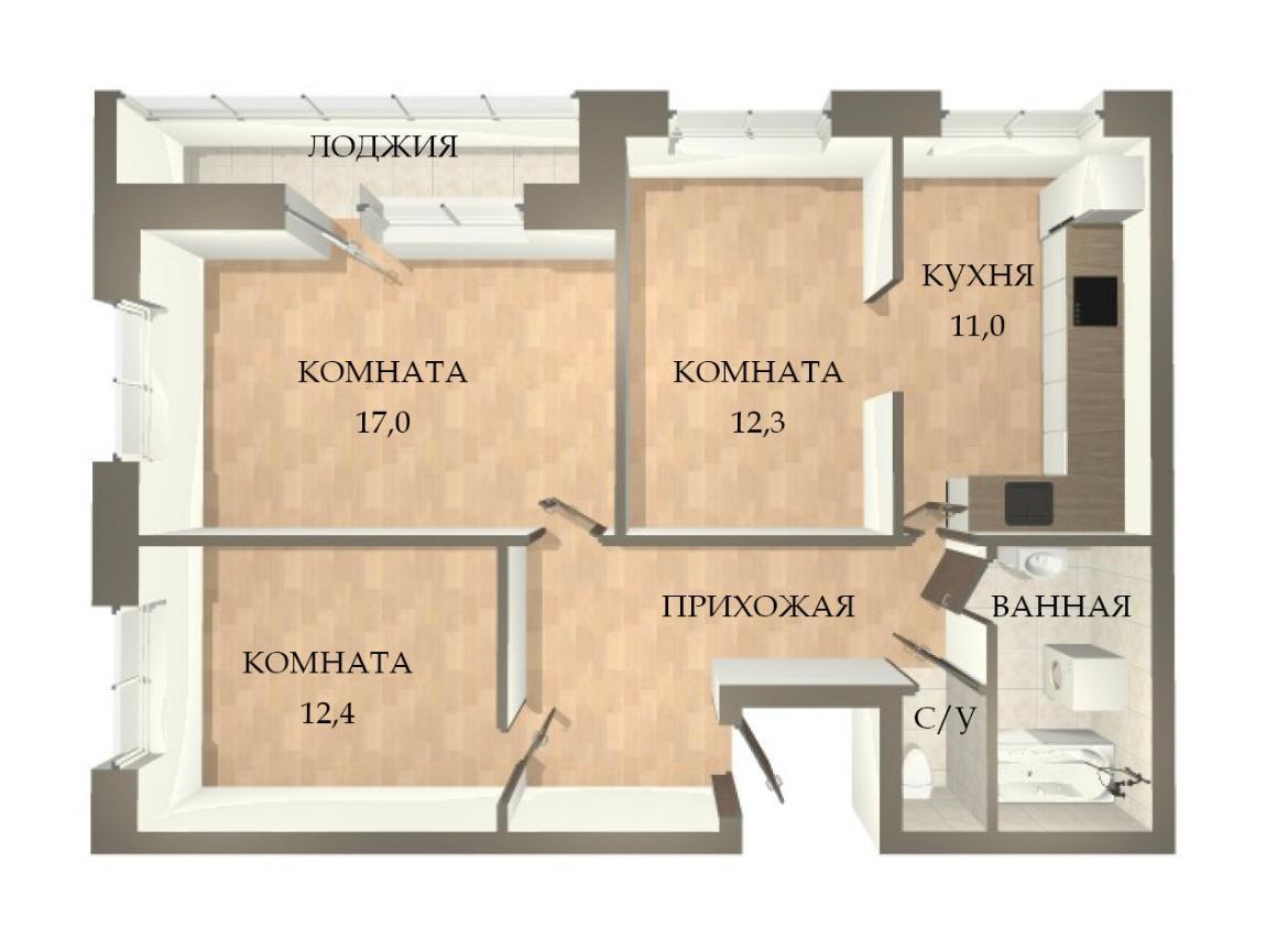 3-комнатная 71.7 м2 в ЖК undefined корпус null этаж 6