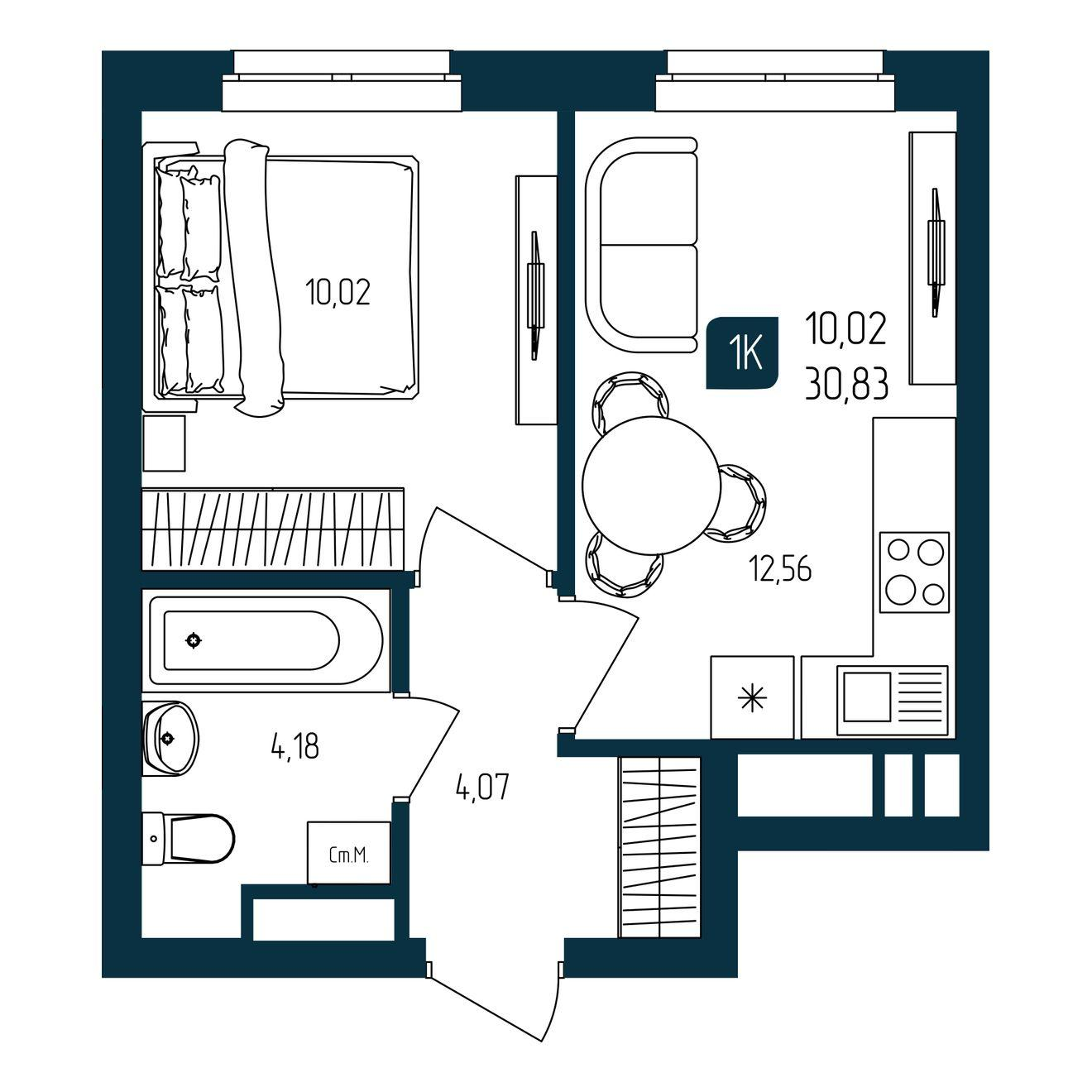 1-комнатная 30 м2 в ЖК Квартал Мятный корпус null этаж 15