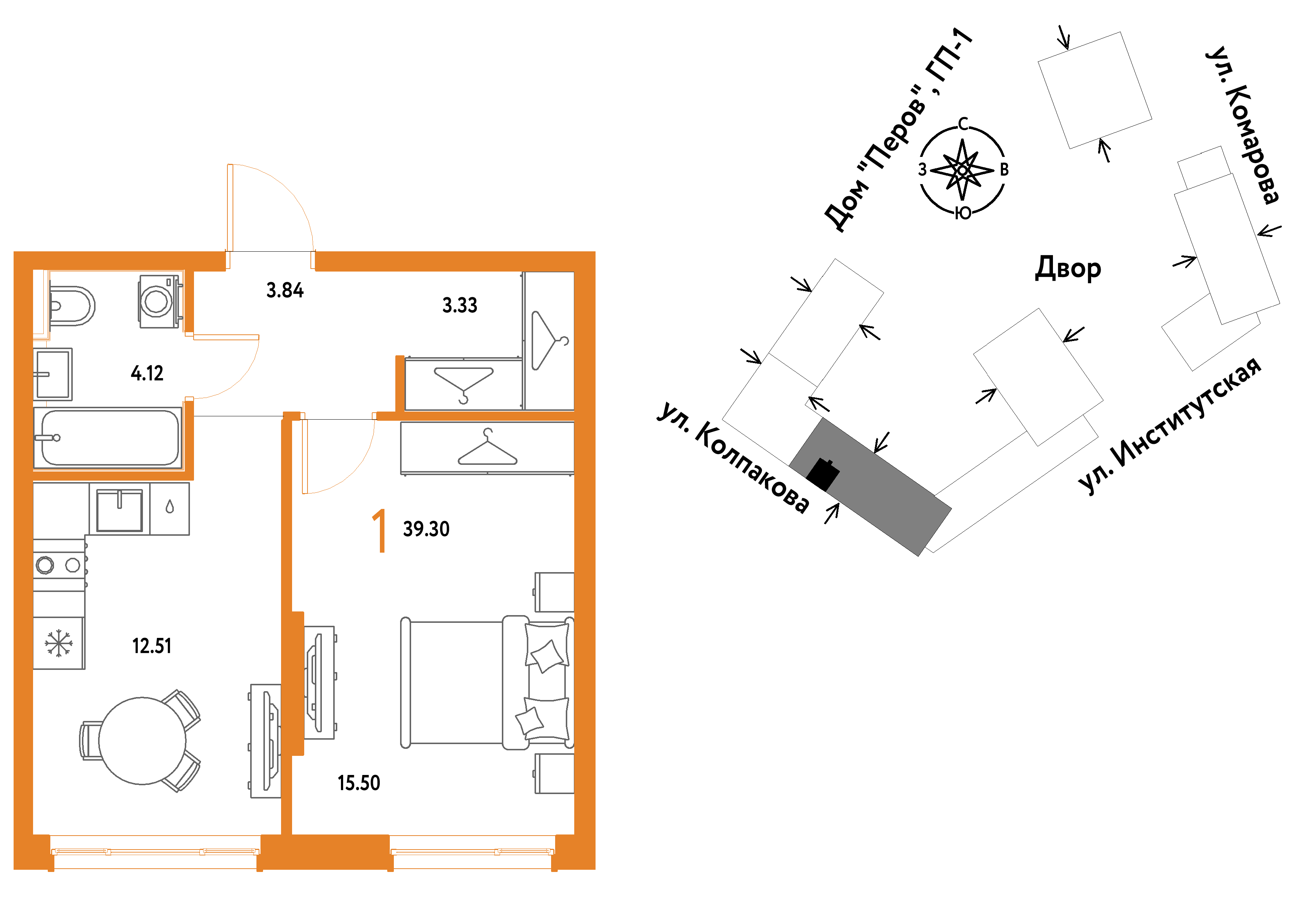 1-комнатная 39 м2 в ЖК Страна.Парковая корпус null этаж 8