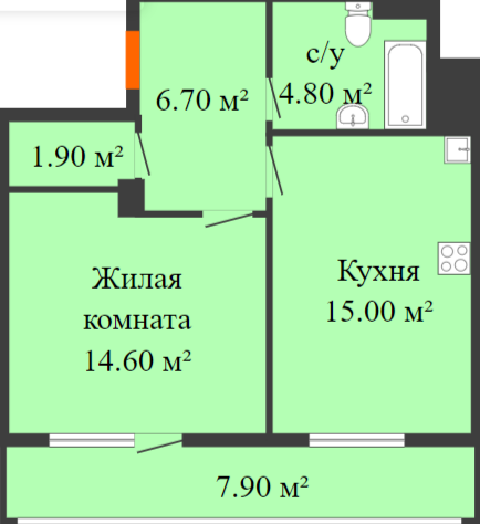 1-комнатная 43 м2 в ЖК undefined корпус null этаж 13