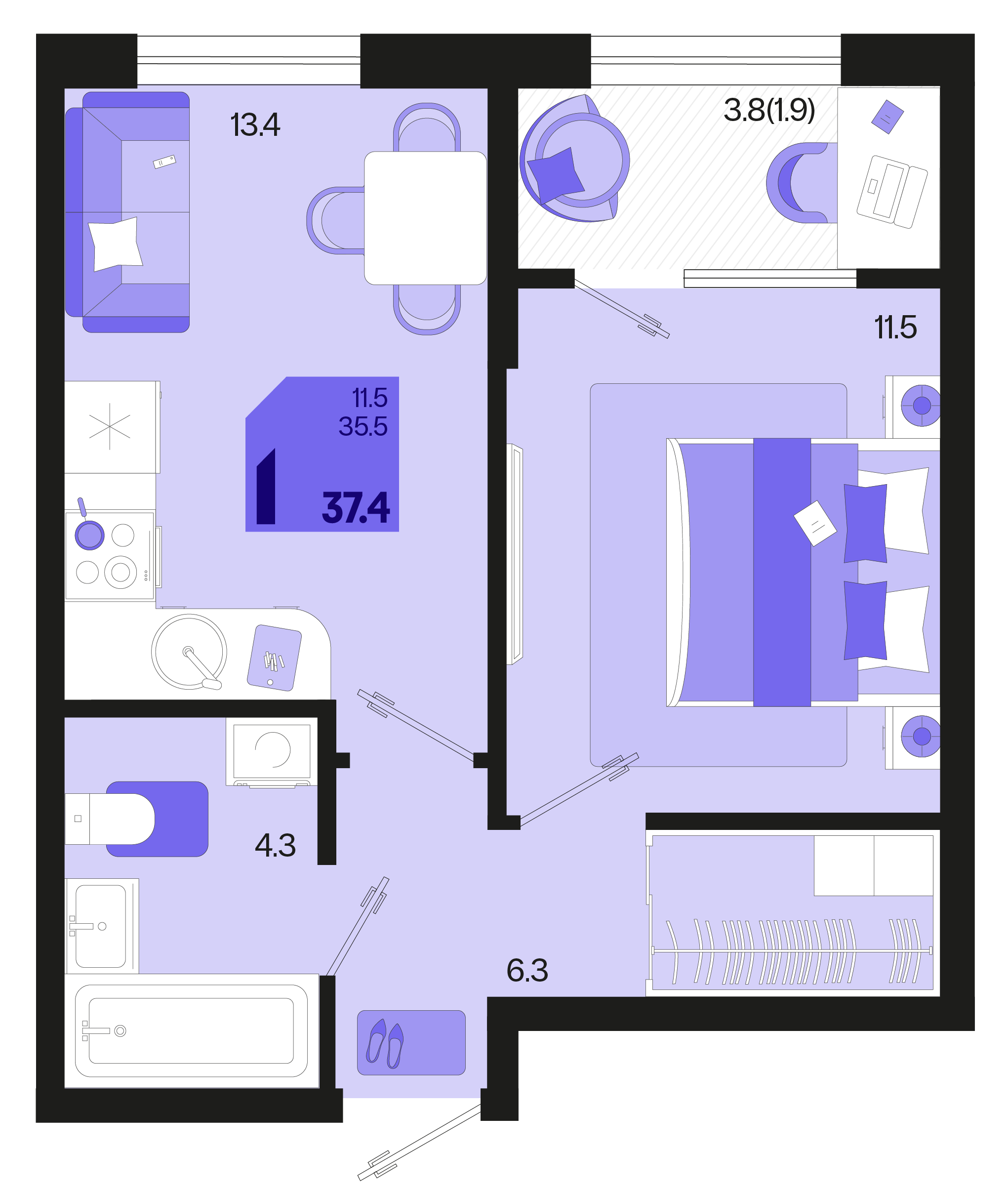 1-комнатная 37 м2 в ЖК Первое место корпус null этаж 2