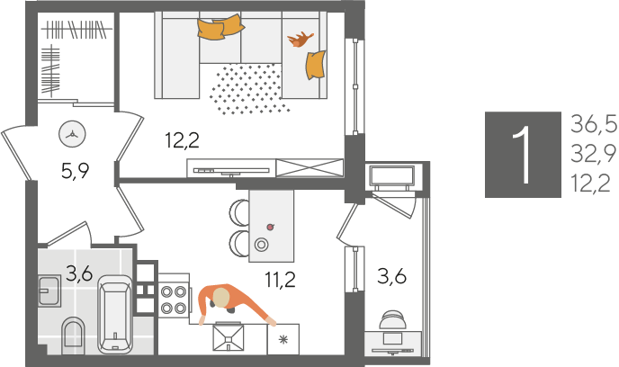 1-комнатная 36 м2 в ЖК Рекорд 2 корпус null этаж 10