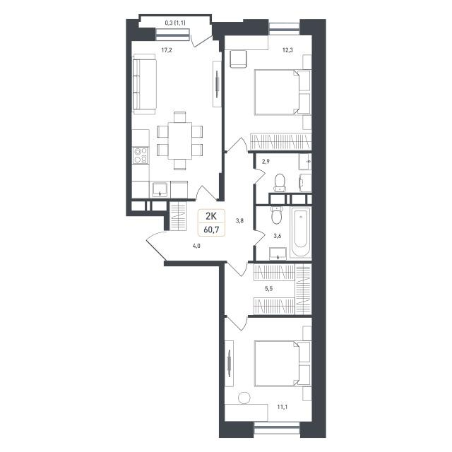 2-комнатная 60 м2 в ЖК Новая Щербинка корпус null этаж 8