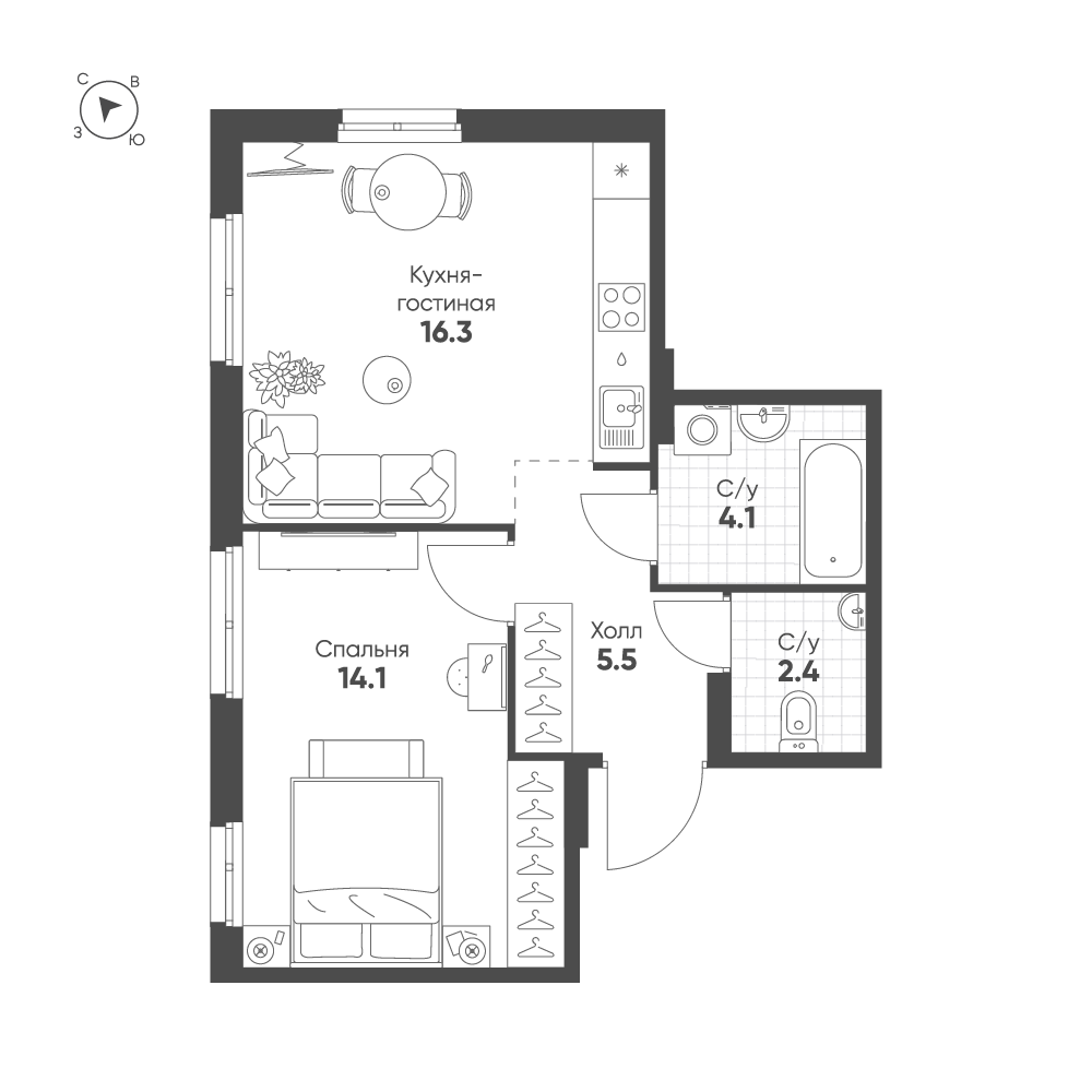 1-комнатная 42 м2 в ЖК Ягодное Река Парк корпус null этаж 1