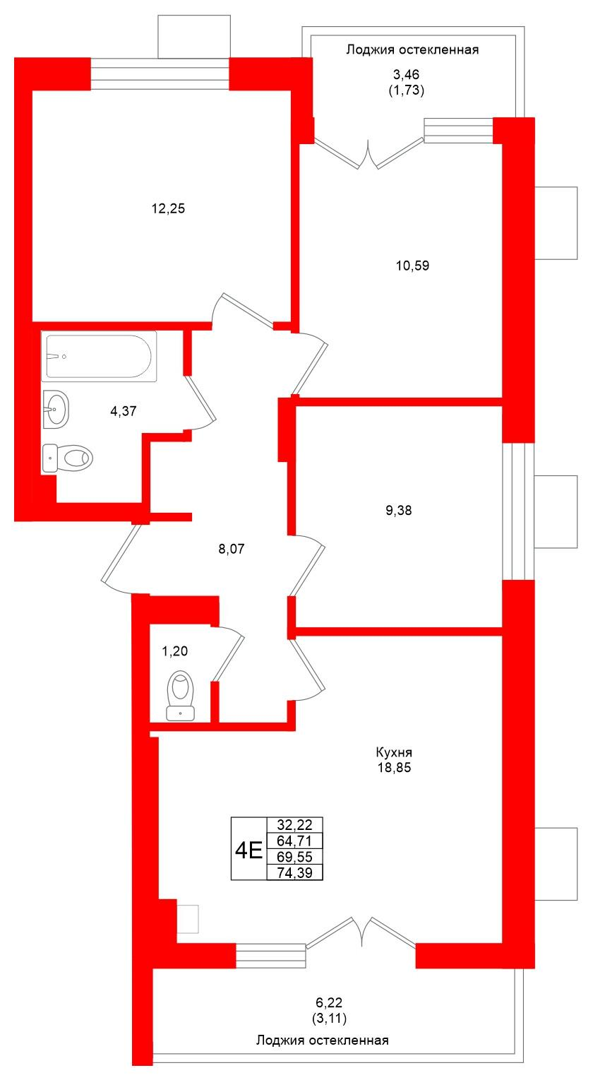 3-комнатная 69 м2 в ЖК Lake City-4 корпус null этаж 2