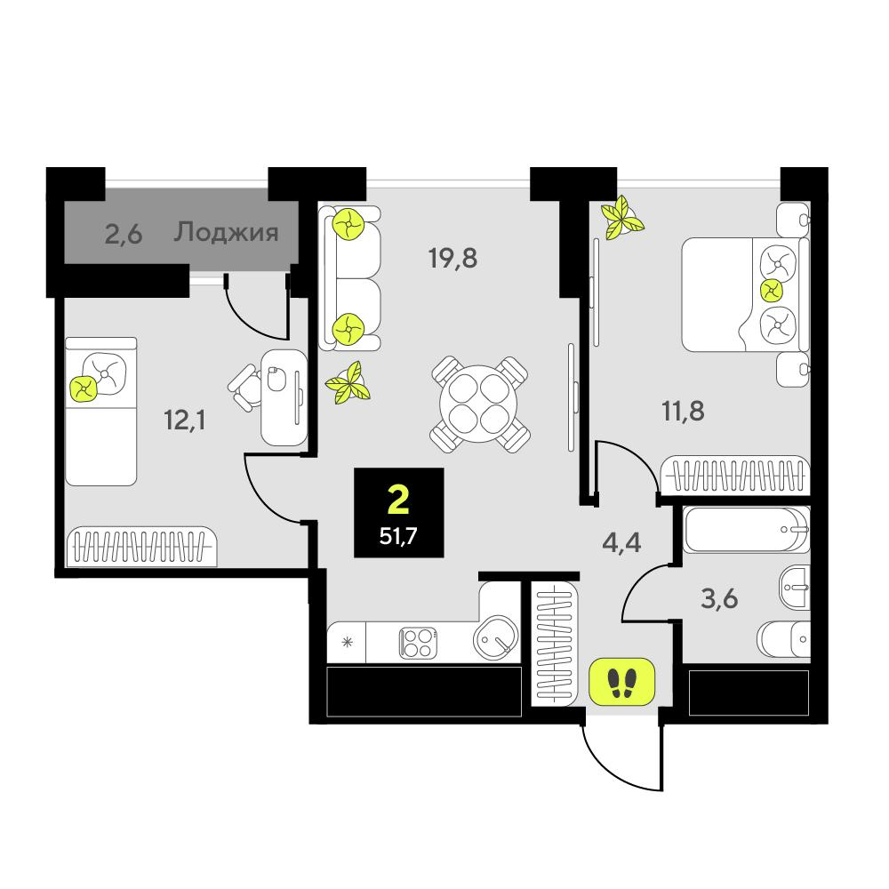 2-комнатная 51 м2 в ЖК Мотивы корпус null этаж 10