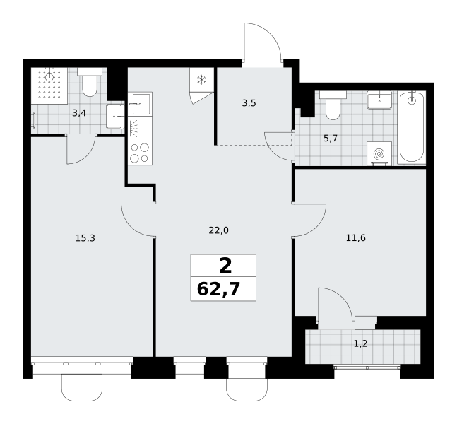 2-комнатная 62 м2 в ЖК Прокшино корпус null этаж 5