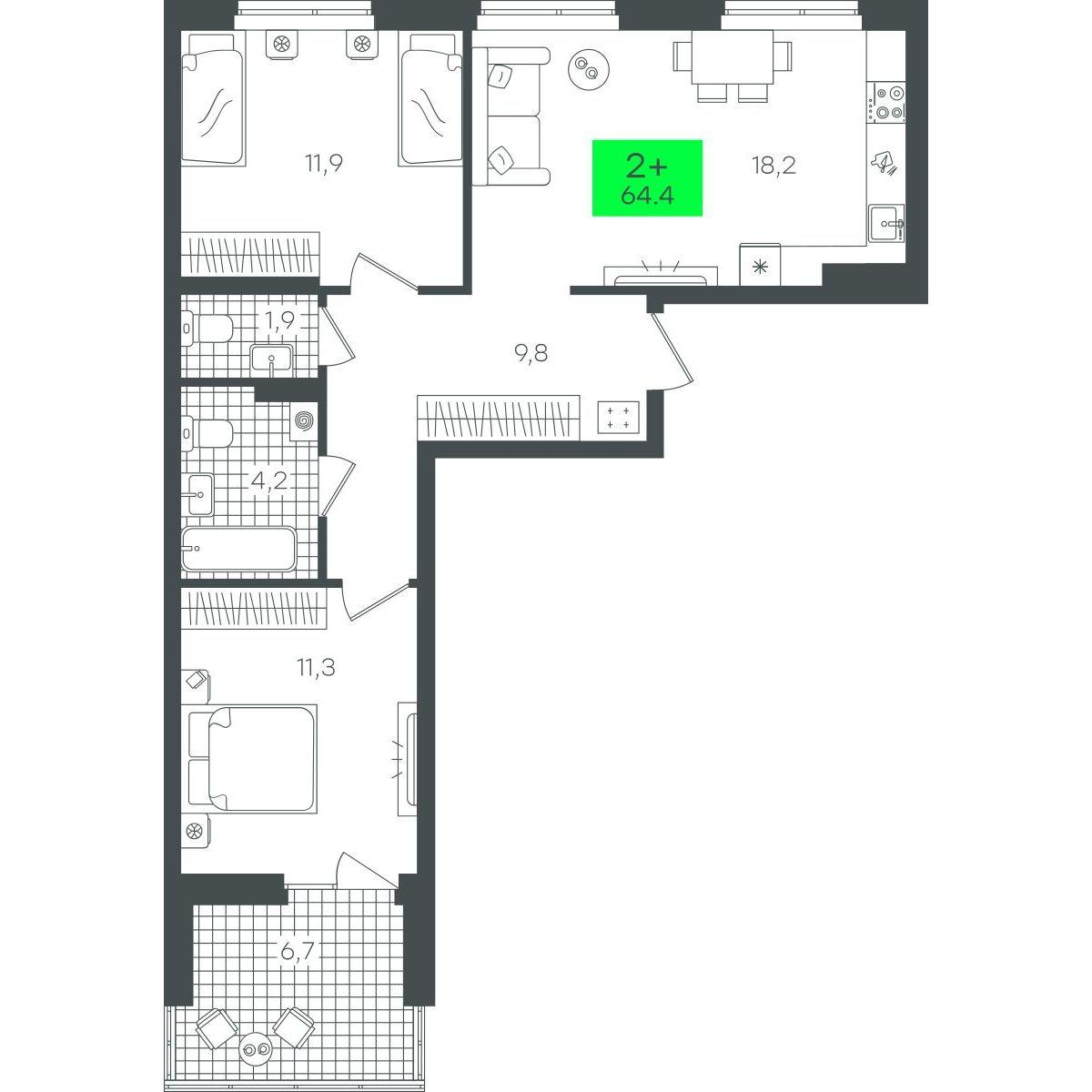 2-комнатная 64 м2 в ЖК Гранд Квартал корпус null этаж 4
