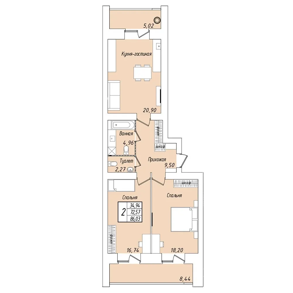 2-комнатная 86 м2 в ЖК «Мирный» поз. 27 корпус null этаж 2