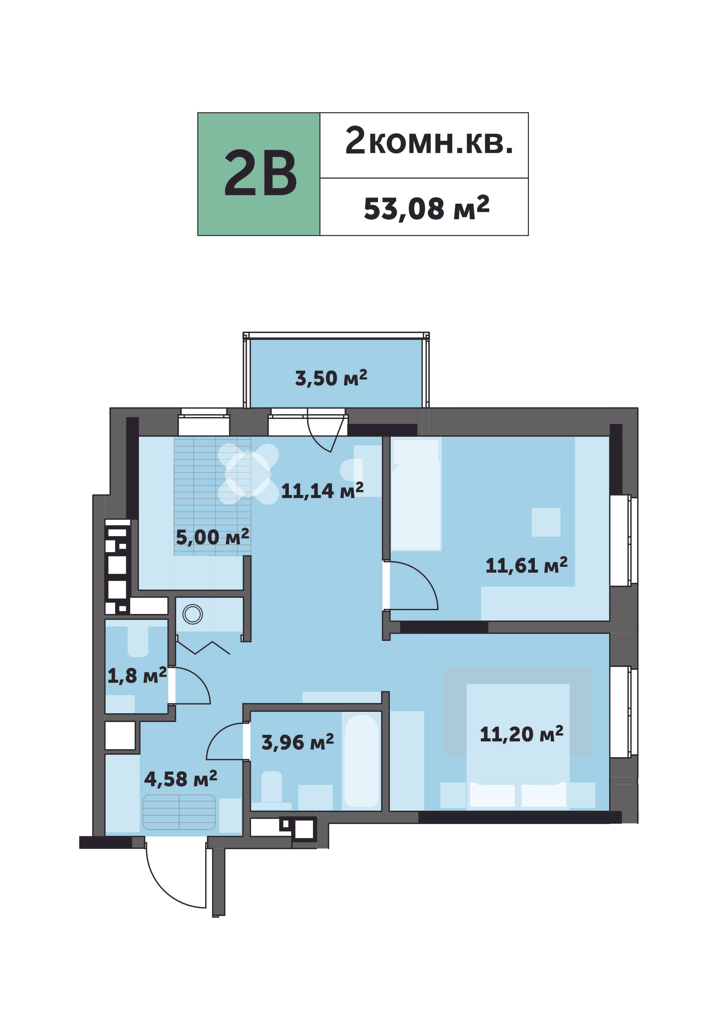 2-комнатная 55 м2 в ЖК Седьмое Небо корпус null этаж 23