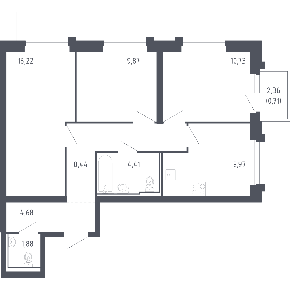 3-комнатная 66 м2 в ЖК Сердце Сахалина корпус null этаж 7
