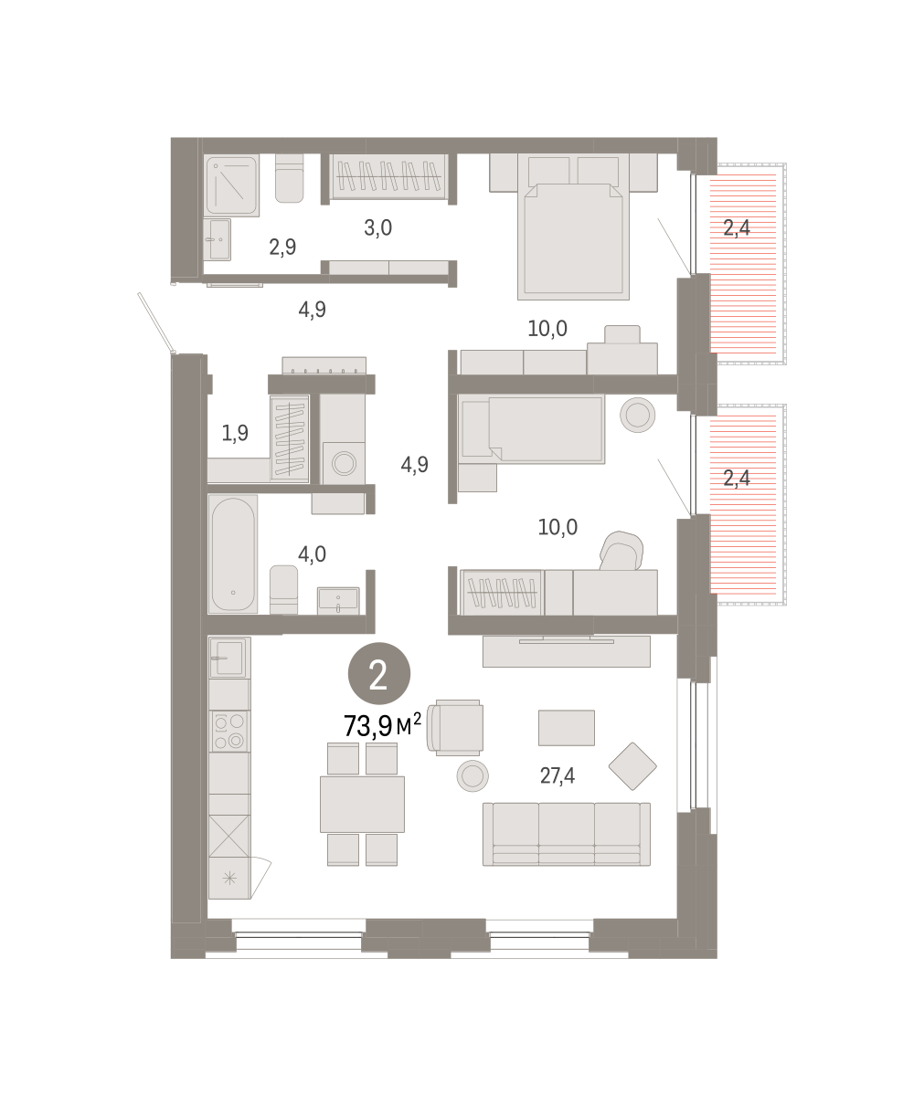 2-комнатная 73 м2 в ЖК Зарека корпус null этаж 3