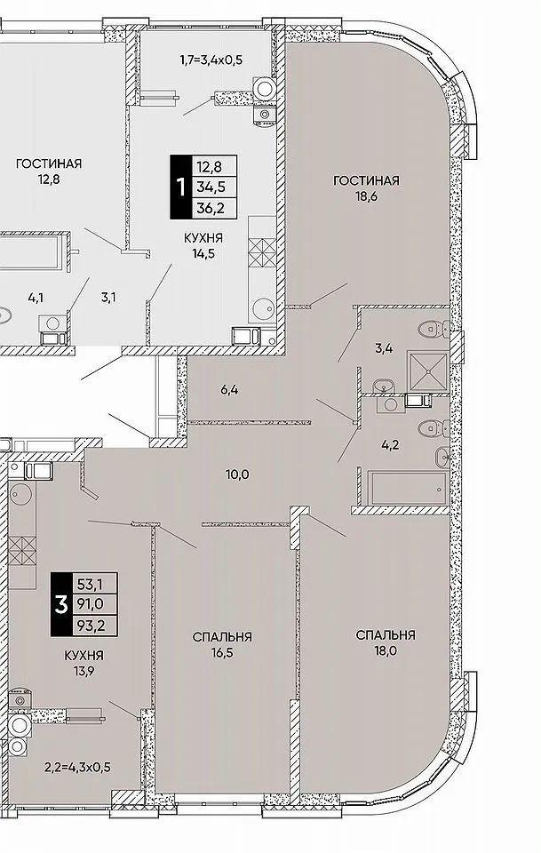 3-комнатная 92.4 м2 в ЖК undefined корпус null этаж 16