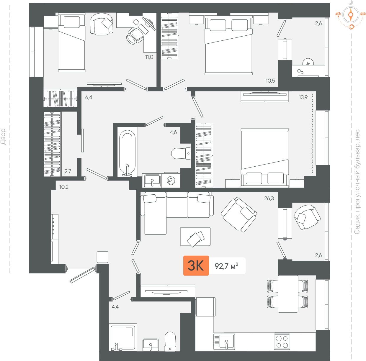 3-комнатная 92 м2 в ЖК Zori корпус null этаж 3