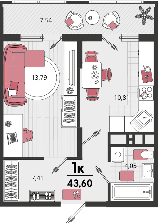 1-комнатная 43 м2 в ЖК Родные просторы корпус null этаж 10