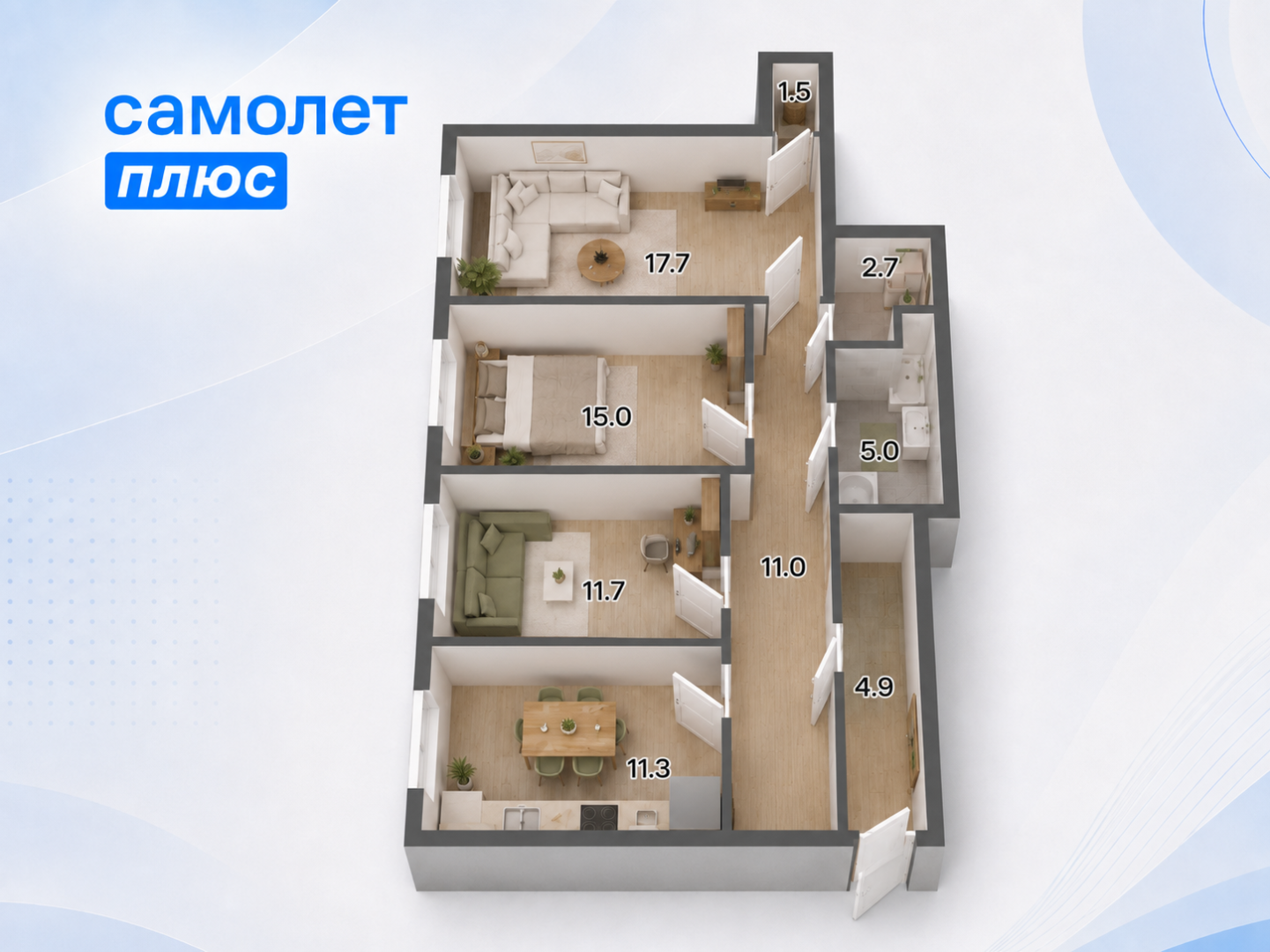 3-комнатная 80.8 м2 в ЖК undefined корпус null этаж 3