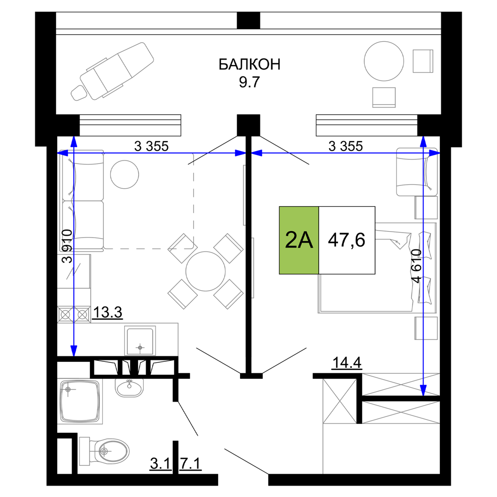2-комнатная 47 м2 в ЖК Мореград корпус null этаж 5