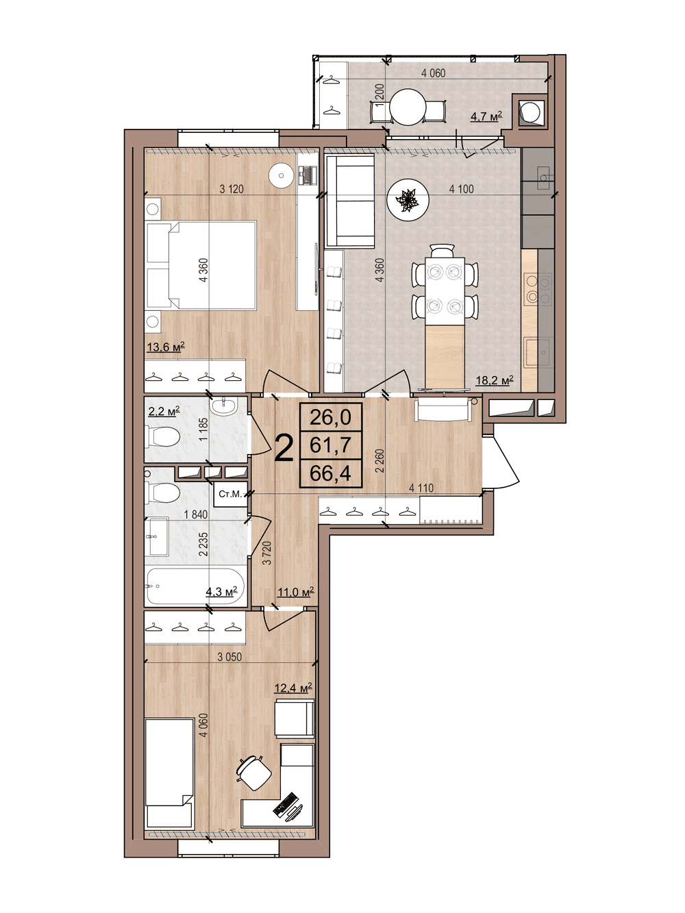 2-комнатная 66 м2 в ЖК Skyline-2 корпус null этаж 6