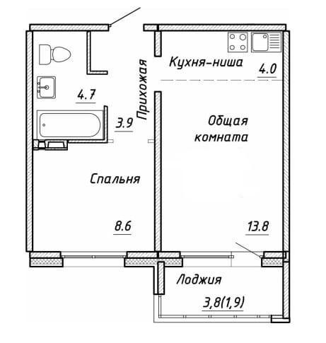 1-комнатная 34.8 м2 в ЖК undefined корпус null этаж 7