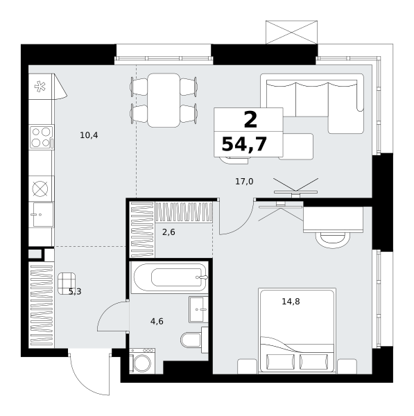 2-комнатная 54 м2 в ЖК Дзен-кварталы корпус null этаж 2