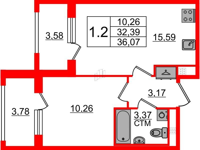 1-комнатная 32 м2 в ЖК Дворцовый фасад корпус null этаж 3