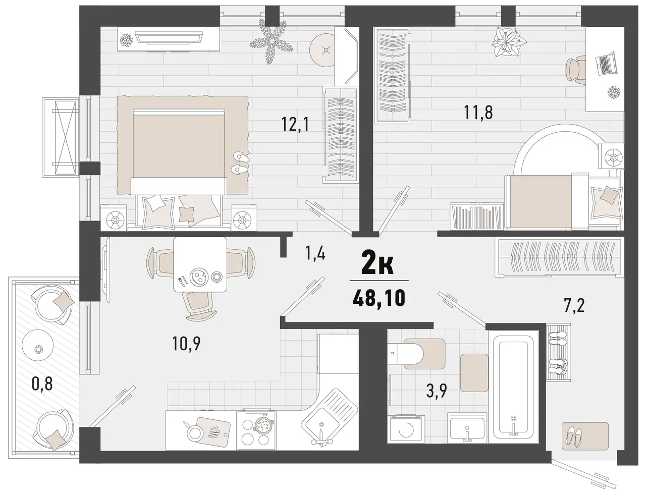 2-комнатная 47 м2 в ЖК Барса корпус null этаж 18