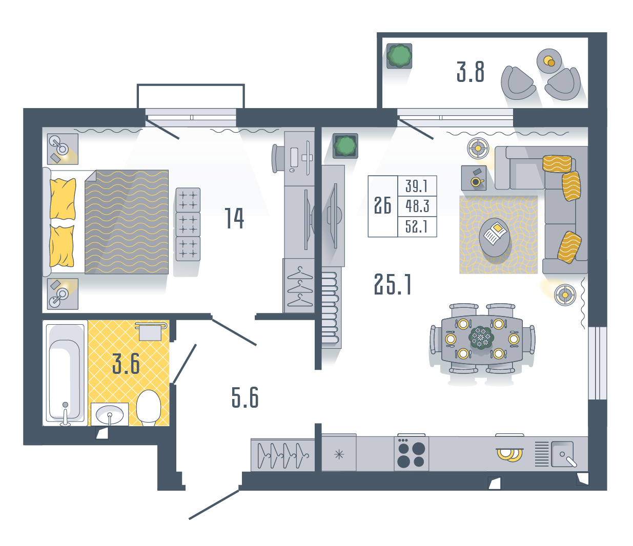 1-комнатная 52 м2 в ЖК Солнечный город корпус null этаж 14