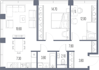 2-комнатная 71 м2 в ЖК Северный порт. Береговые кварталы корпус null этаж 15