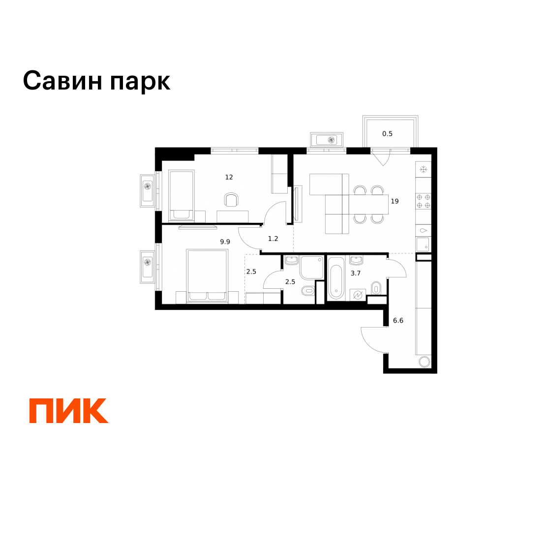 2-комнатная 57 м2 в ЖК Савин парк корпус null этаж 12